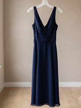 David's Bridal Ruched Navy Maxi Bridesmaids Dress